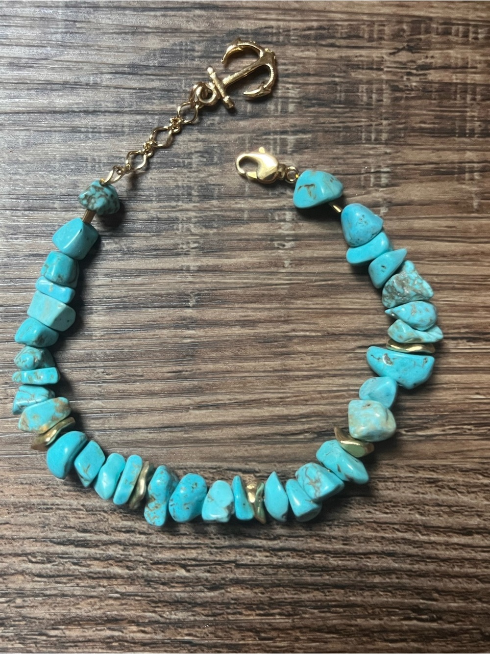 Turquoise Chip Bead Bracelet with Gold Tone Anchor Charm